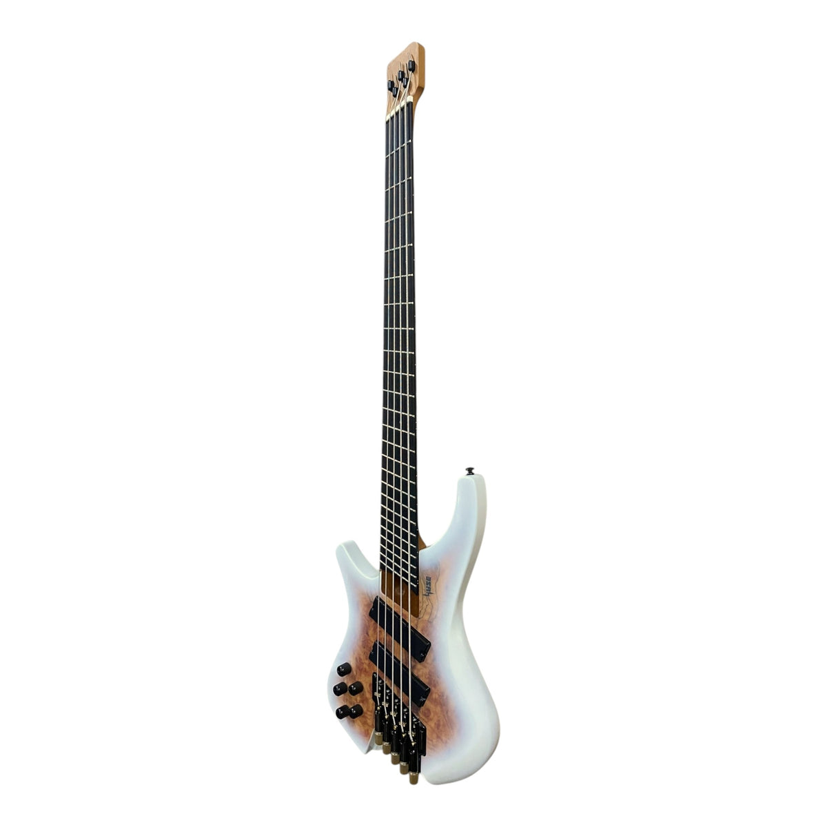 Pre-Order – ETA Late October 2026 | Haze HB5FFMSLH Voyager Series Left-Handed Headless Fanned-Fret 5-String Electric Bass – Roasted Maple Neck, White Sunburst, Active BJ-80 Pickups