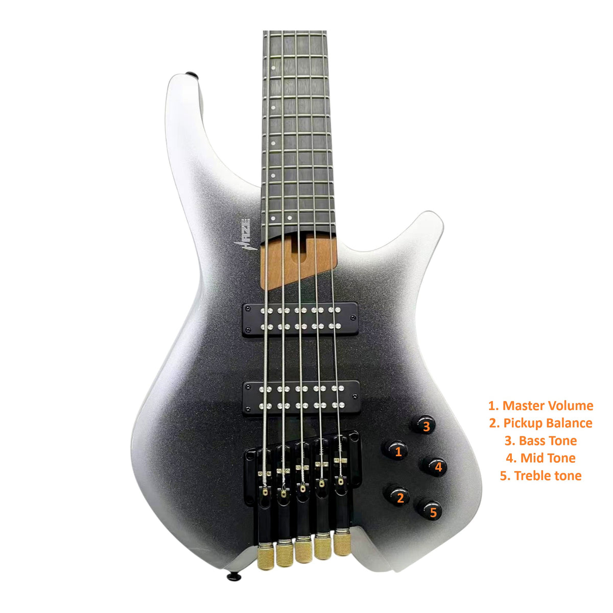 Haze HB5 “Silverstorm” Headless 5-String Electric Bass – Active BJ-80 Pickups – Metallic Silverburst – HB5SI