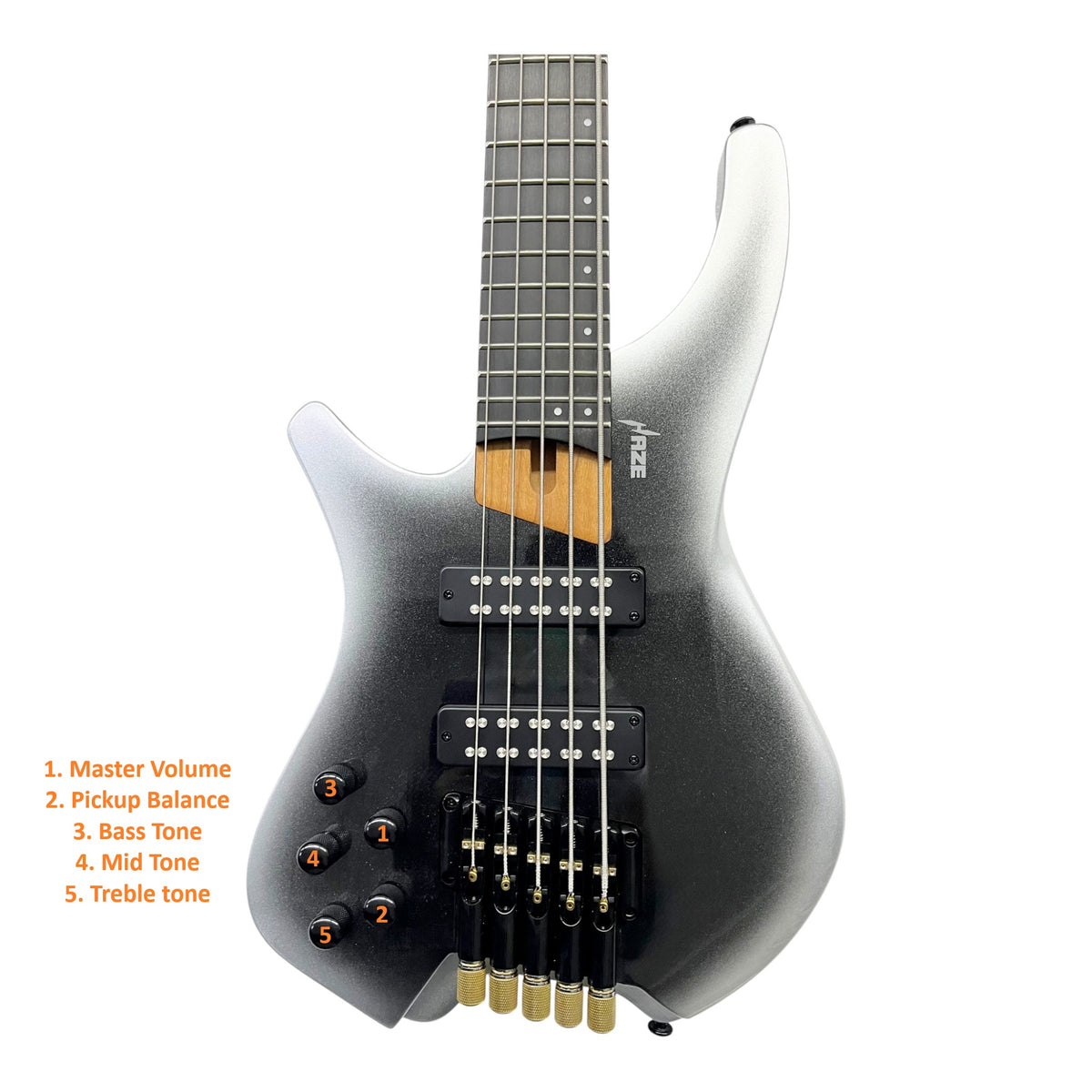 Haze HB5 “Silverstorm” Left-Handed Headless 5-String Electric Bass – Active BJ-80 Pickups – Metallic Silverburst – HB5SILH