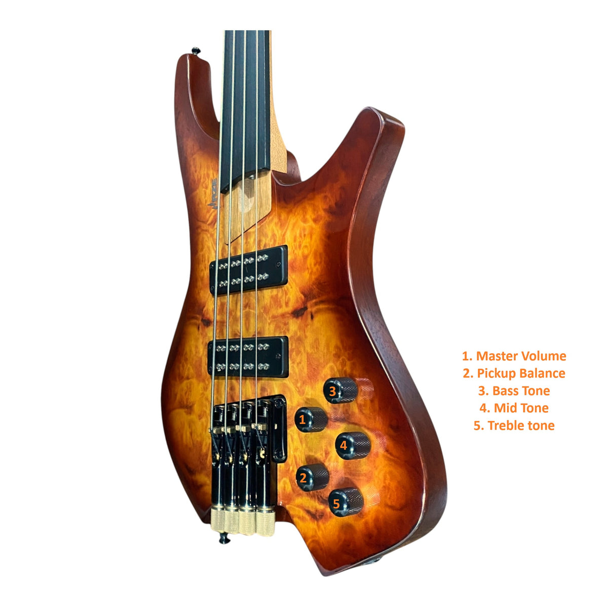 Haze HHLB4 Voyager Series Headless Fretless Electric Bass – Roasted Maple Neck, Brown Sunburst Finish, & Active BJ-80 Pickups