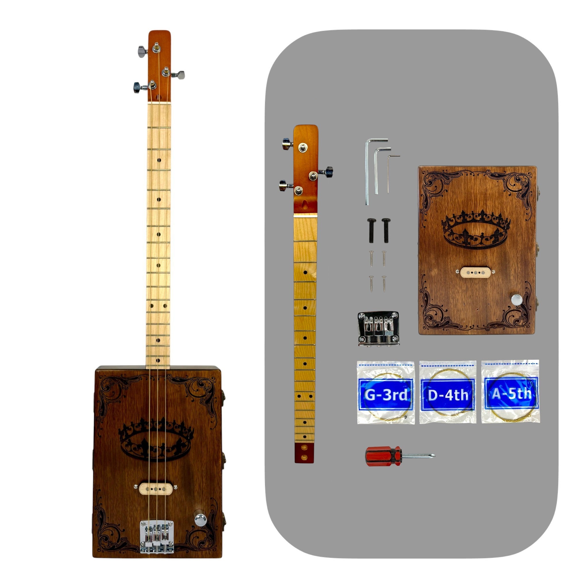 Haze "Royal" Mahogany Body 3-String Electric Cigar Box Guitar Complete DIY Kit - Passive Single Coil Pickup - HX58