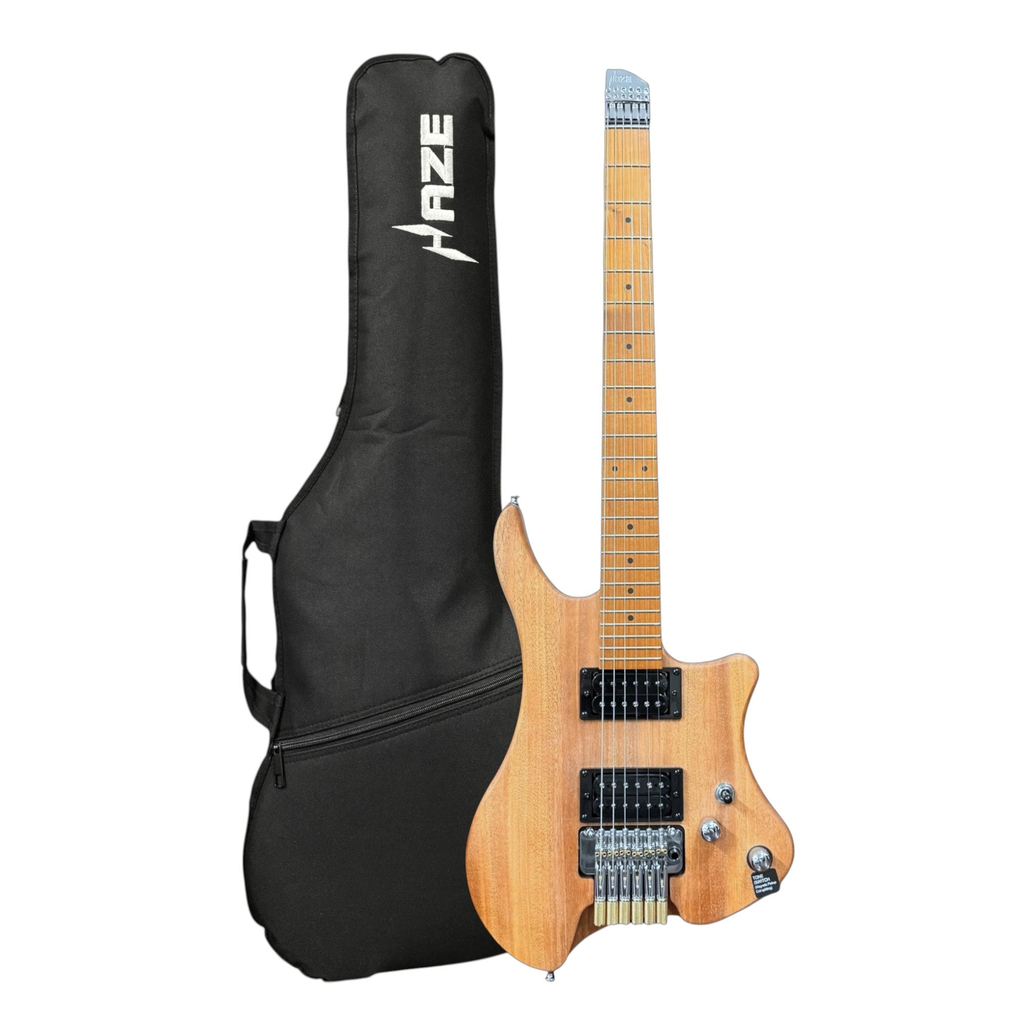 Haze HL1A Raw Woodgrain Headless Electric Guitar with Split Coil & Whammy