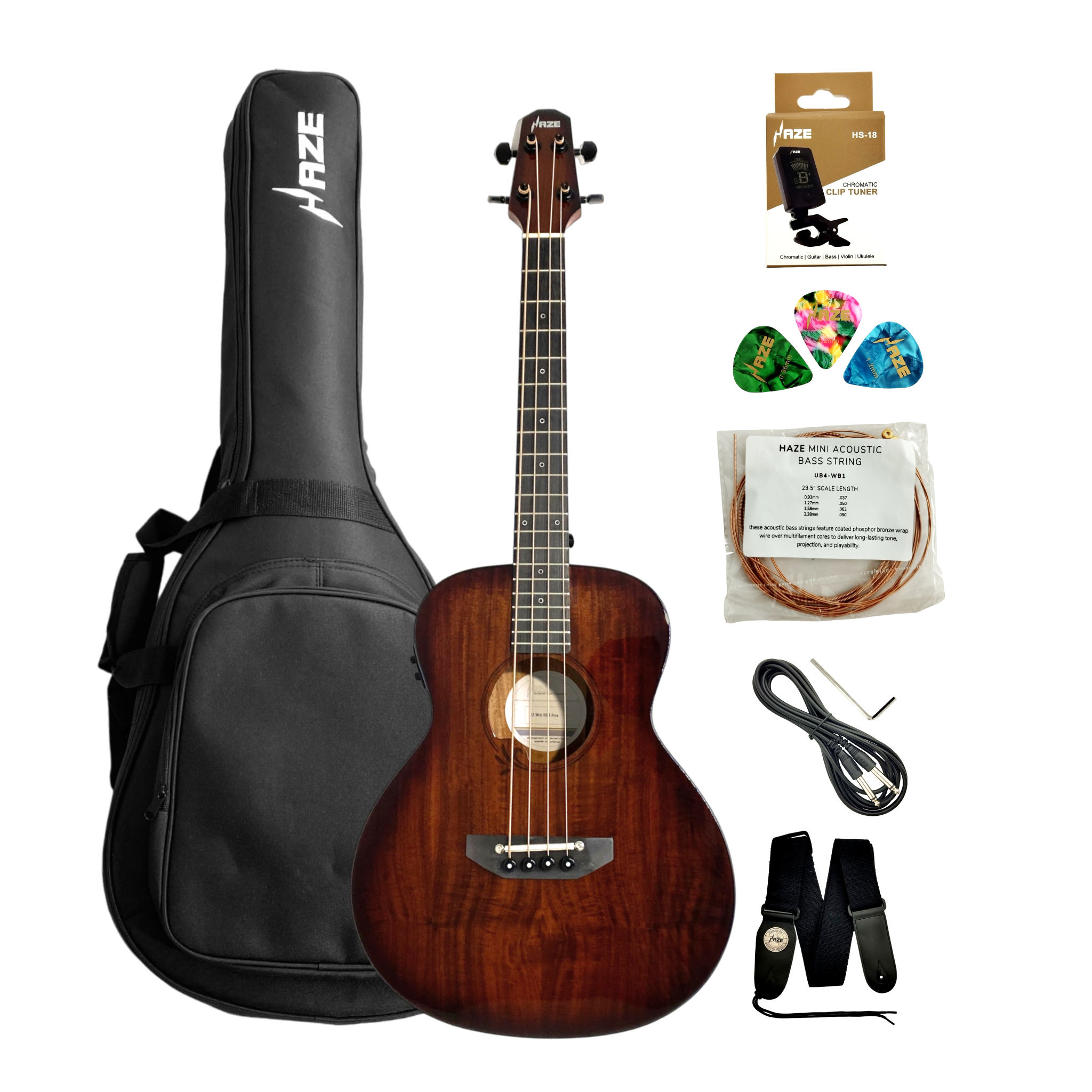 Haze 37" Solid Koa Top Height Adjustable Saddle Acoustic Bass Guitar - Natural HZMINISEBKOA