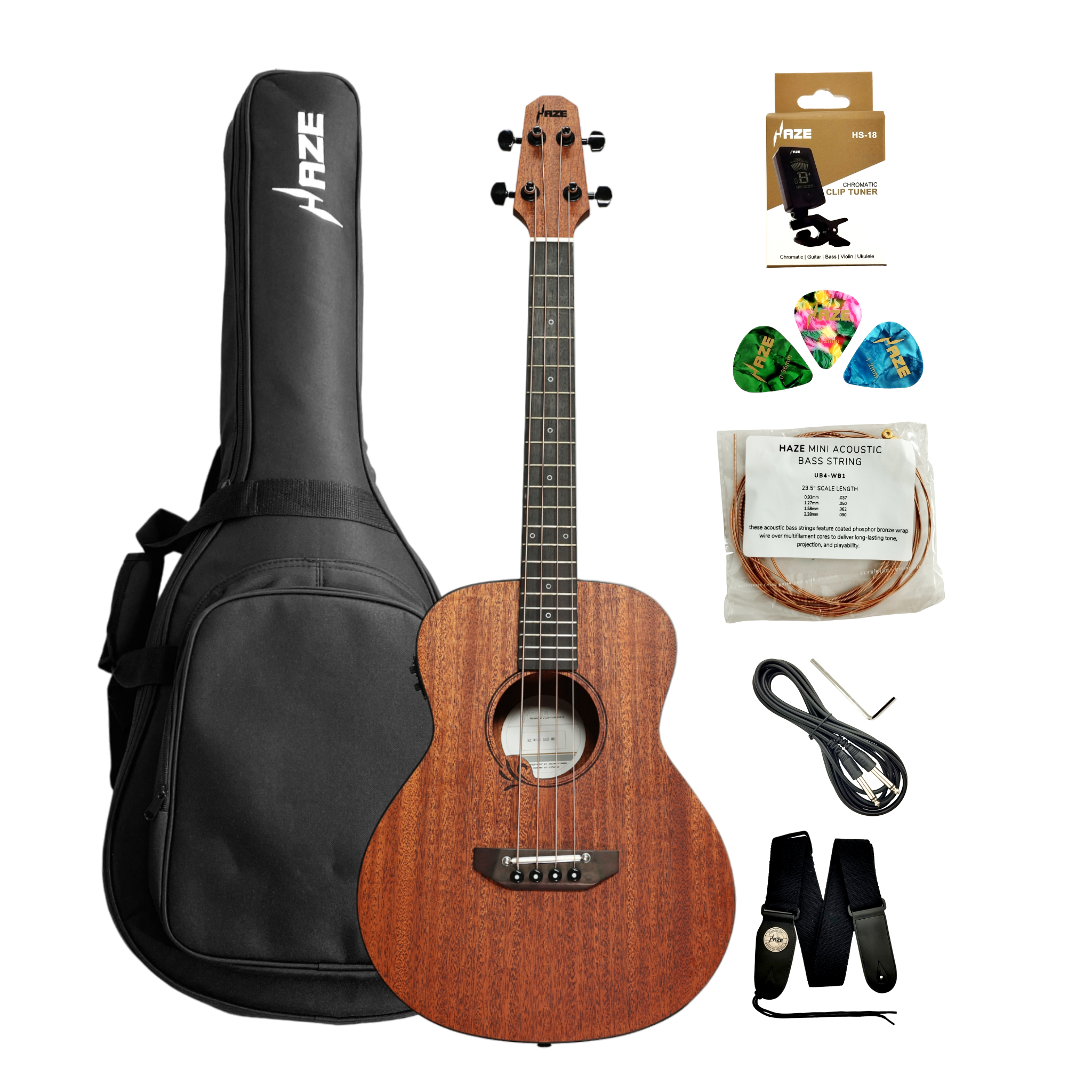 Haze 37" Solid Mahogany Top Height Adjustable Saddle Acoustic Bass Guitar - Natural HZMINISEBMH