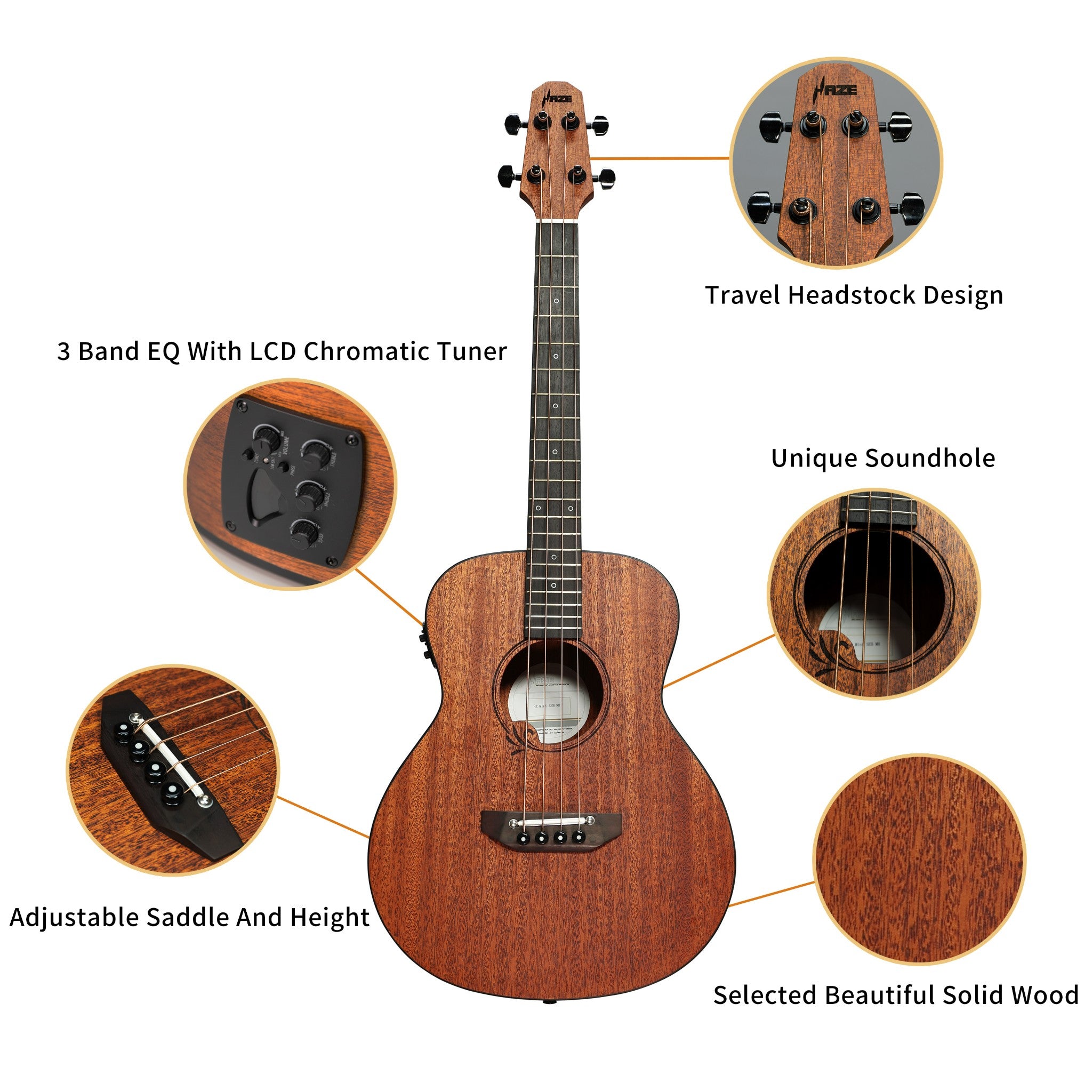 Haze 37" Solid Mahogany Top Height Adjustable Saddle Acoustic Bass Guitar - Natural HZMINISEBMH