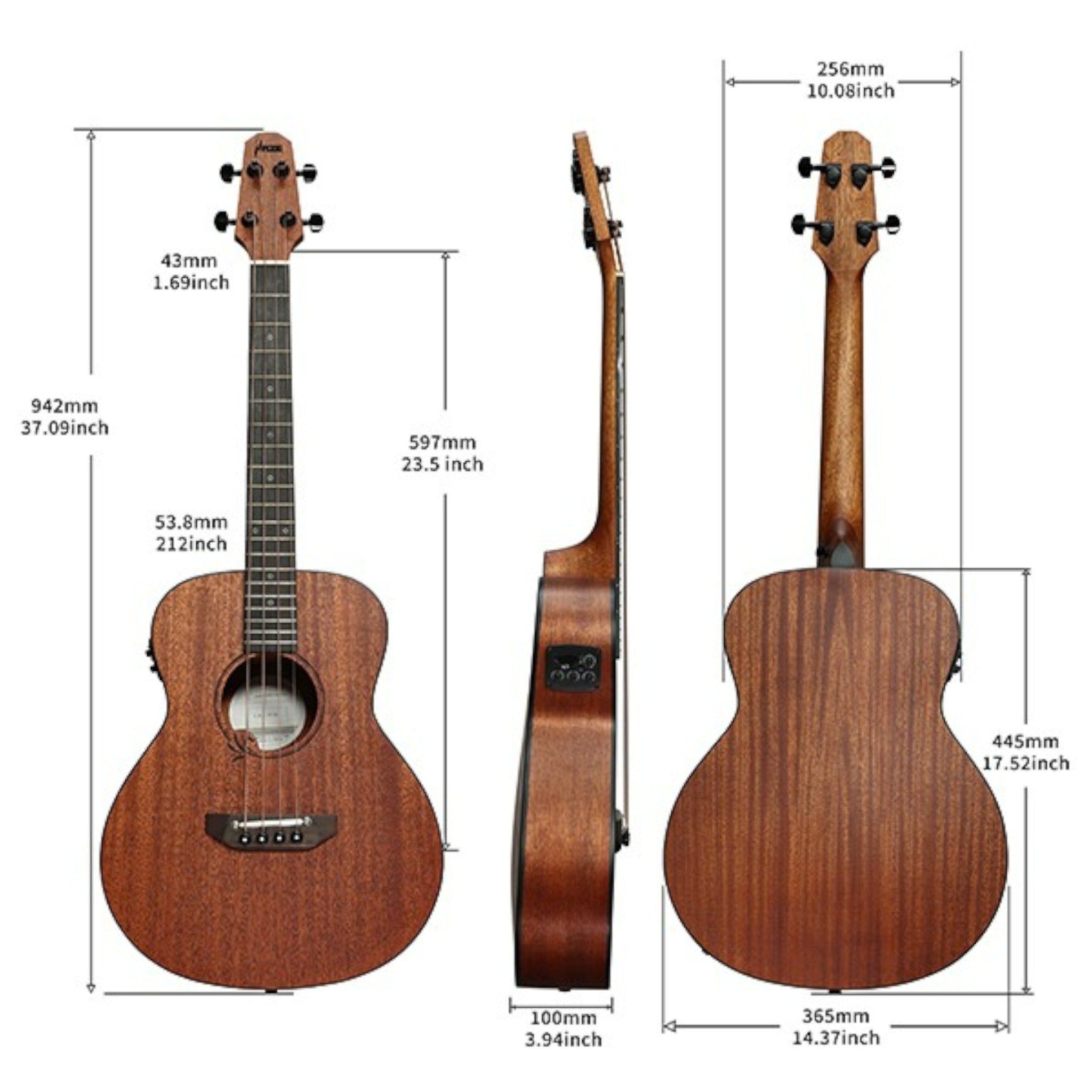 Haze 37" Solid Mahogany Top Height Adjustable Saddle Acoustic Bass Guitar - Natural HZMINISEBMH