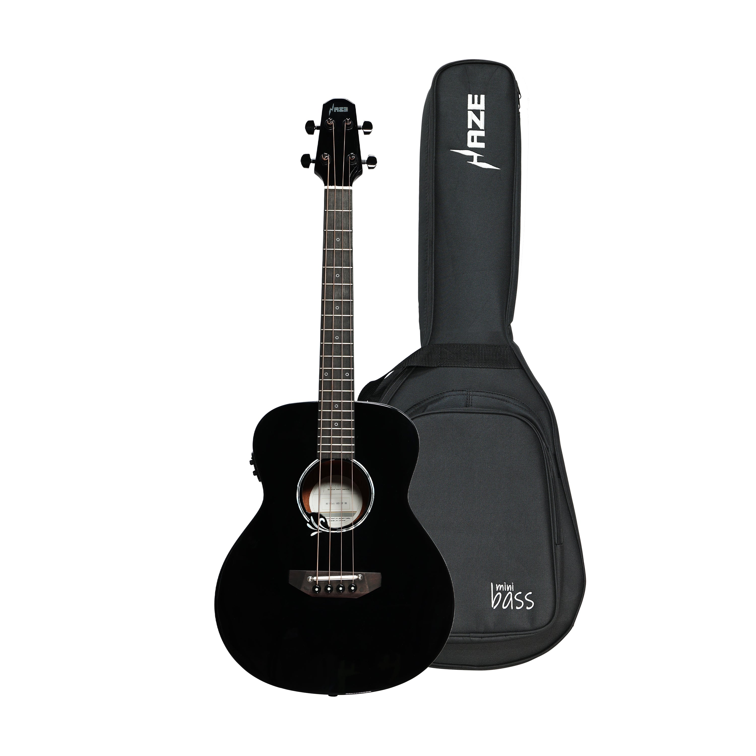 Haze 37" Solid Sitka Top Height Adjustable Saddle Acoustic Bass Guitar - Black HZMINISEBSPBK