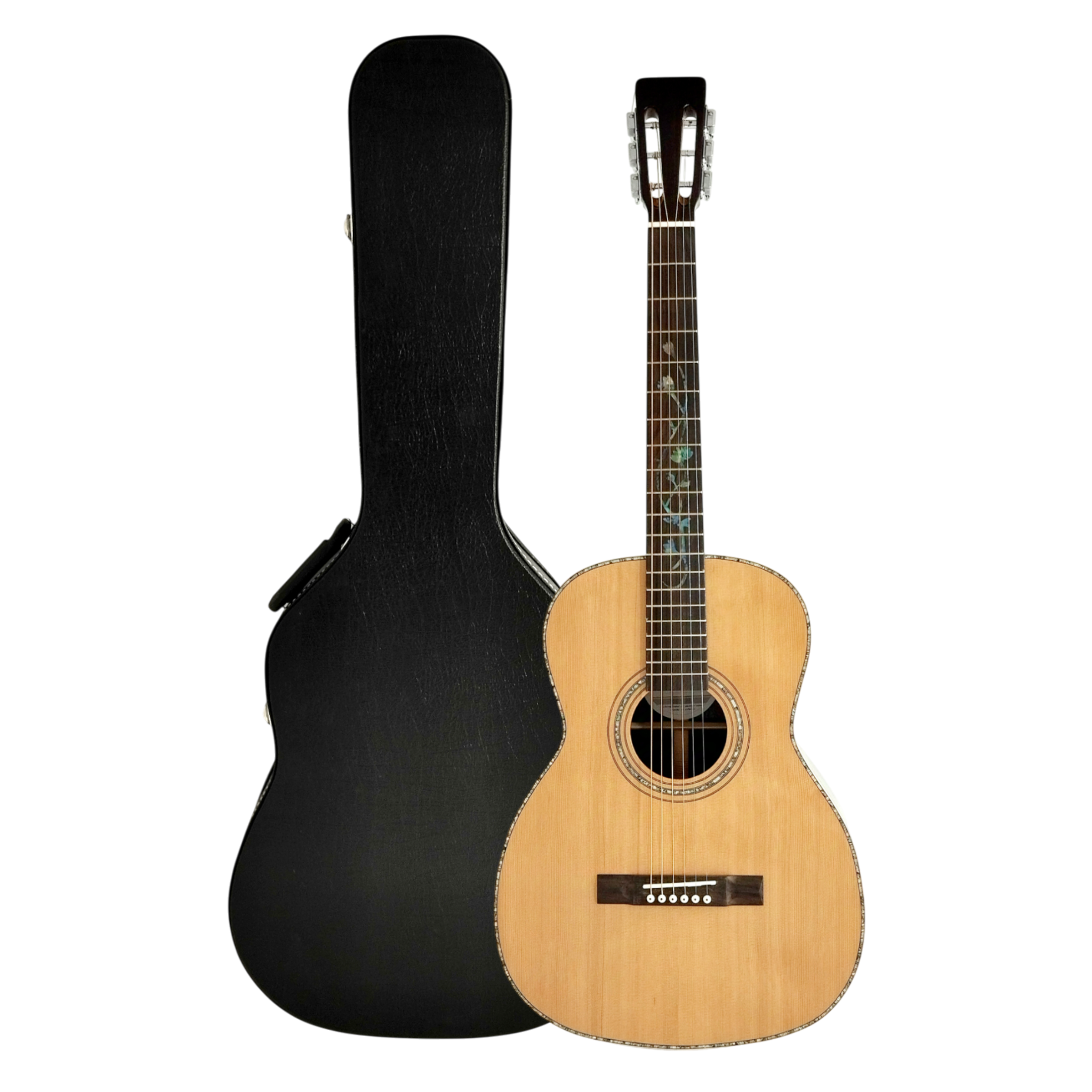 Haze LOTUS Parlor Acoustic Guitar – Solid Cedar Top, Gloss Natural, Abalone Vine Inlay