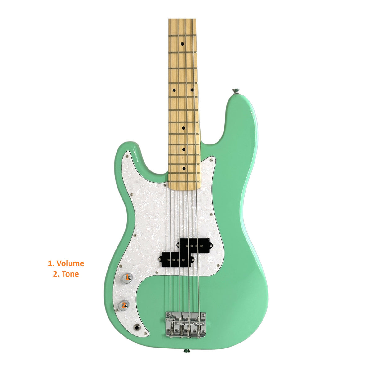 Haze Left Handed Basswood Seafoam Green Electric Bass Guitar - Surf Green PB172GNLH with Optional Headphone Amp and Accessories