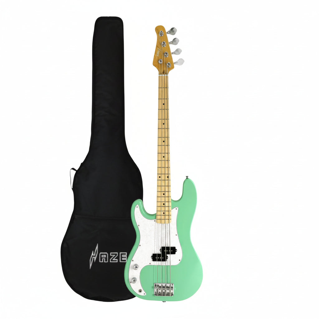 Haze Left Handed Basswood Seafoam Green Electric Bass Guitar - Surf Green PB172GNLH with Accessories and Haze CUBEBABY Portable Multifunctional Bass Effects Pedal (Optional)