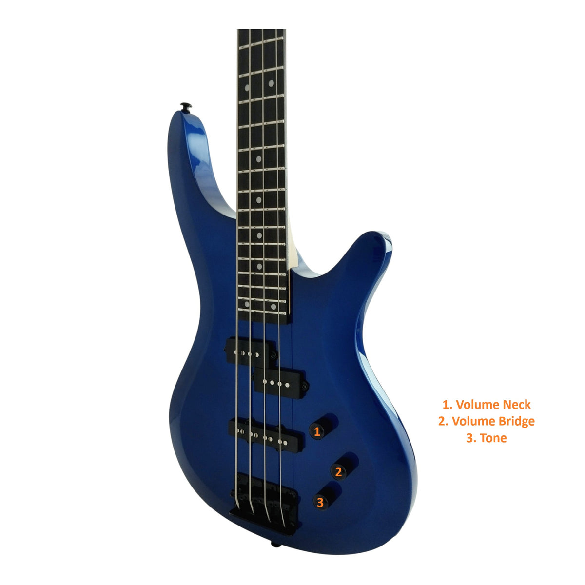 Haze SBG385JB Electric Bass Guitar, 4-String, Navy Metallic Blue with Optional Headphone Amp and Accessories