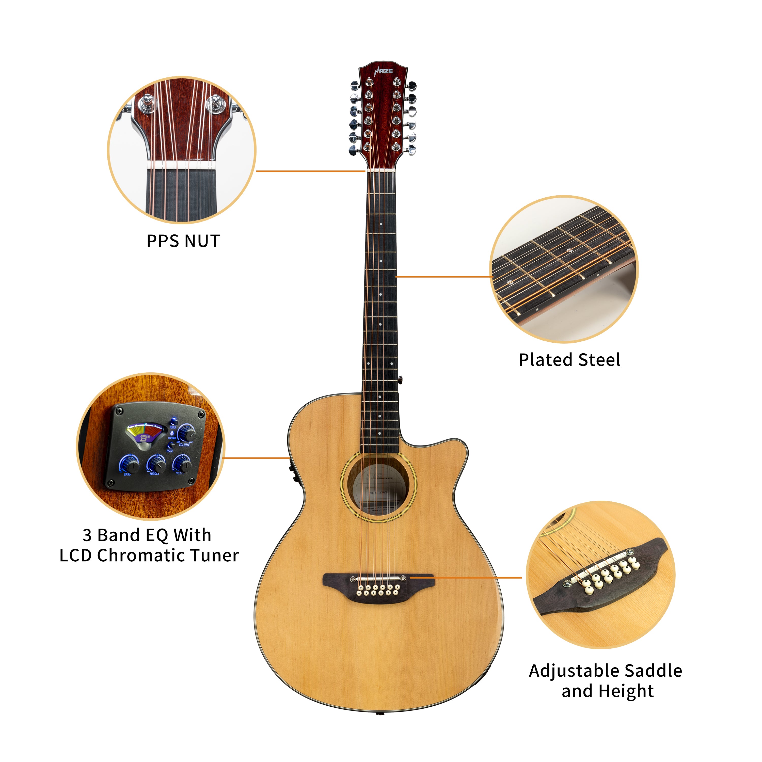 Haze SDG82712CEQN 12-String Acoustic-Electric Guitar with Height Adjustable Saddle - Natural