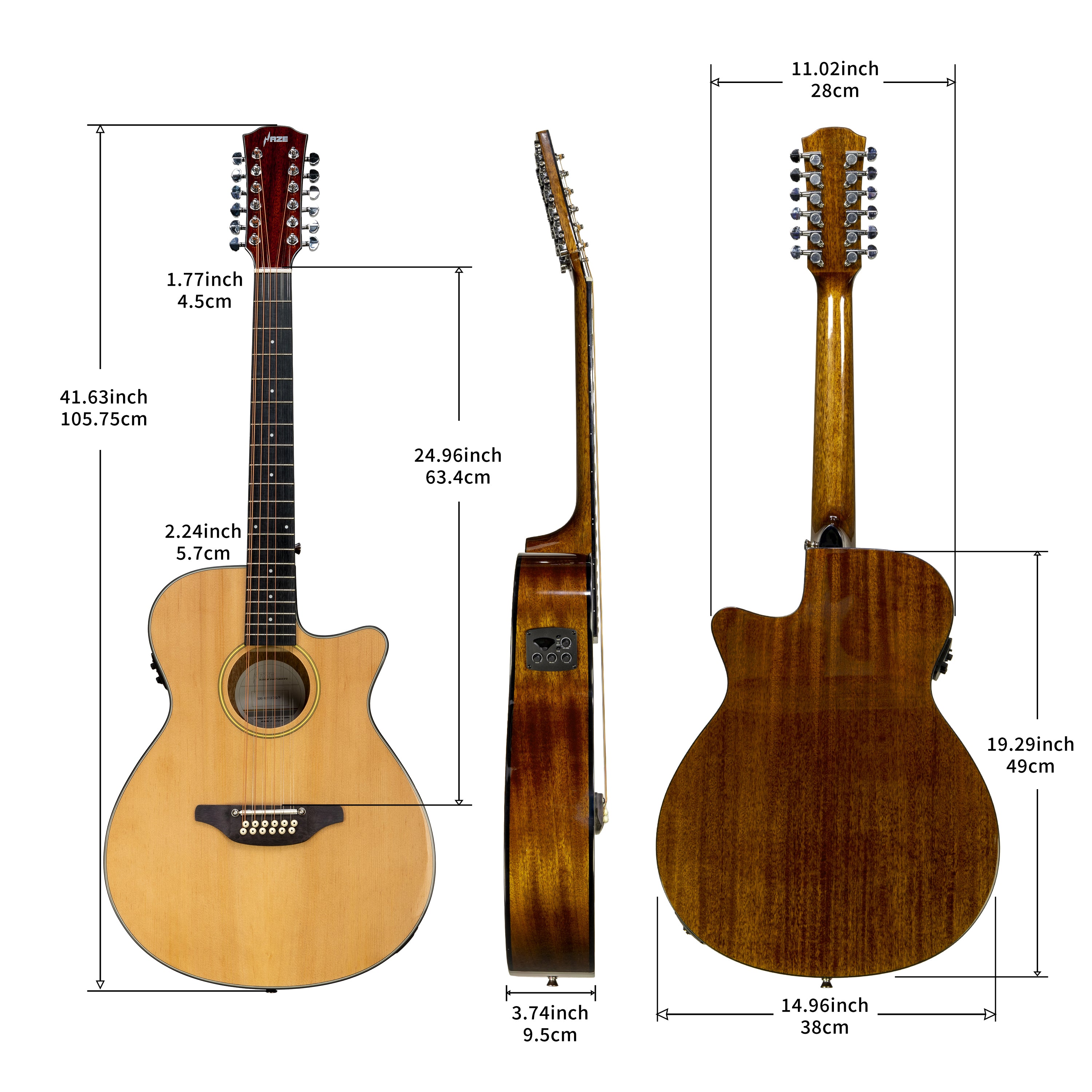 Haze SDG82712CEQN 12-String Acoustic-Electric Guitar with Height Adjustable Saddle - Natural