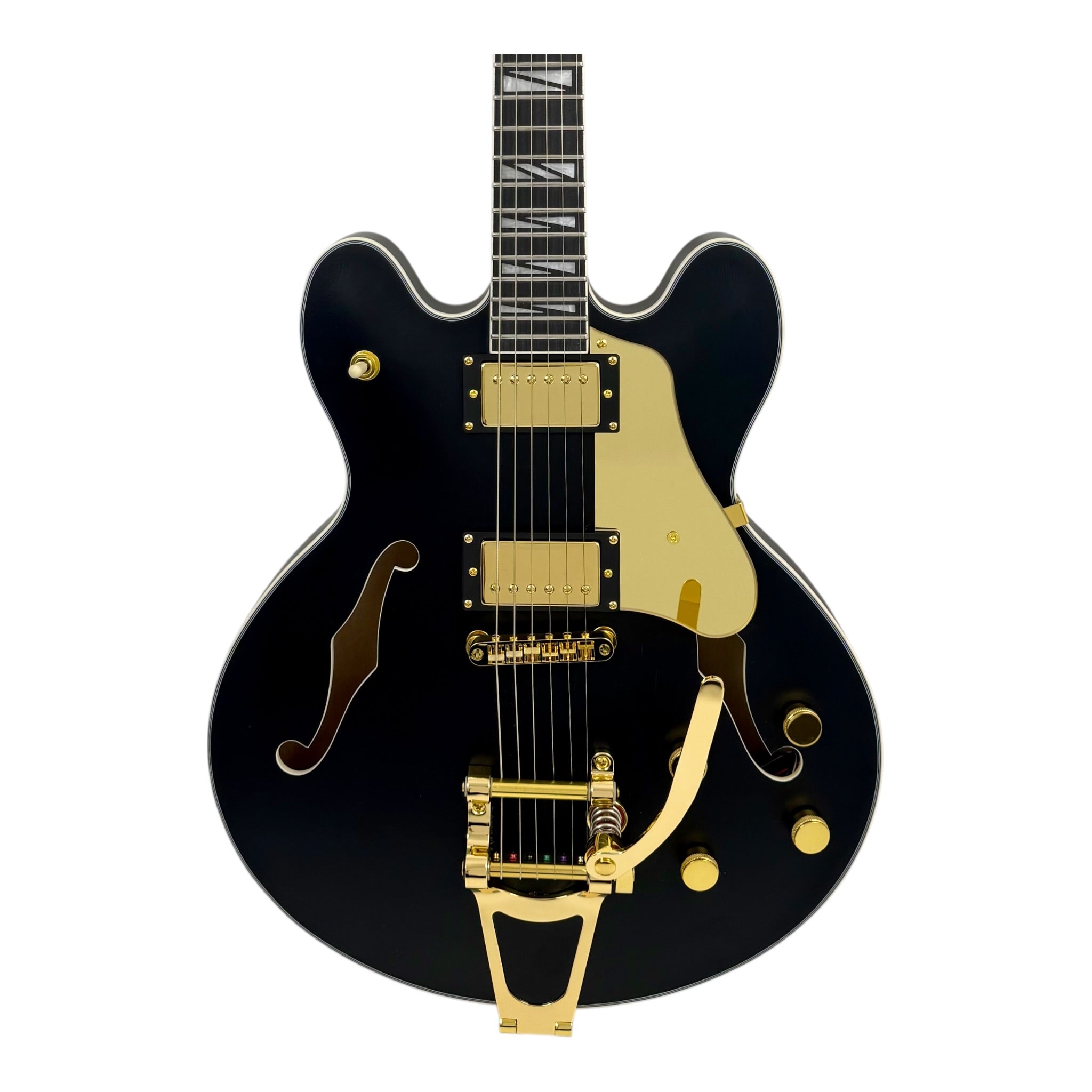 The Haze Nightshade SEG1975BK Maple Semi-Hollow Arched Top H-H Electric Guitar in Obsidian Black w/ Vibrato Bar