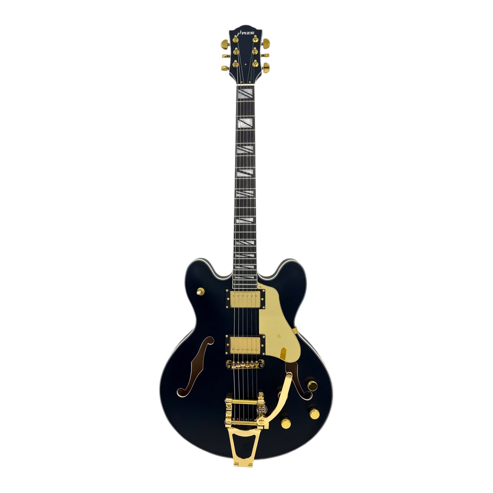 The Haze Nightshade SEG1975BK Maple Semi-Hollow Arched Top H-H Electric Guitar in Obsidian Black w/ Vibrato Bar