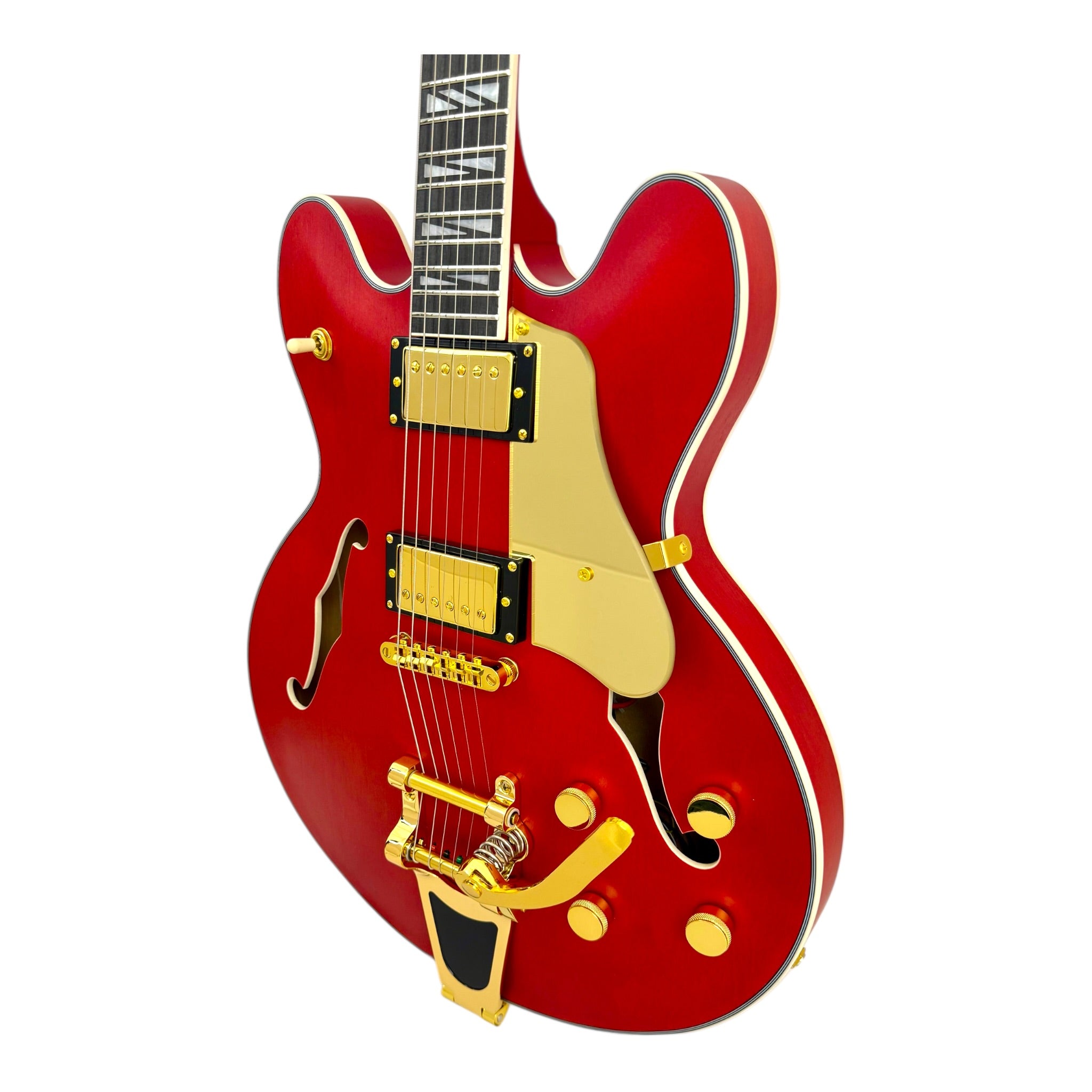 Haze SEG1975WRDS Maple Semi-Hollow Arched Top HES Electric Guitar in Wine Red w/ Vibrato Bar