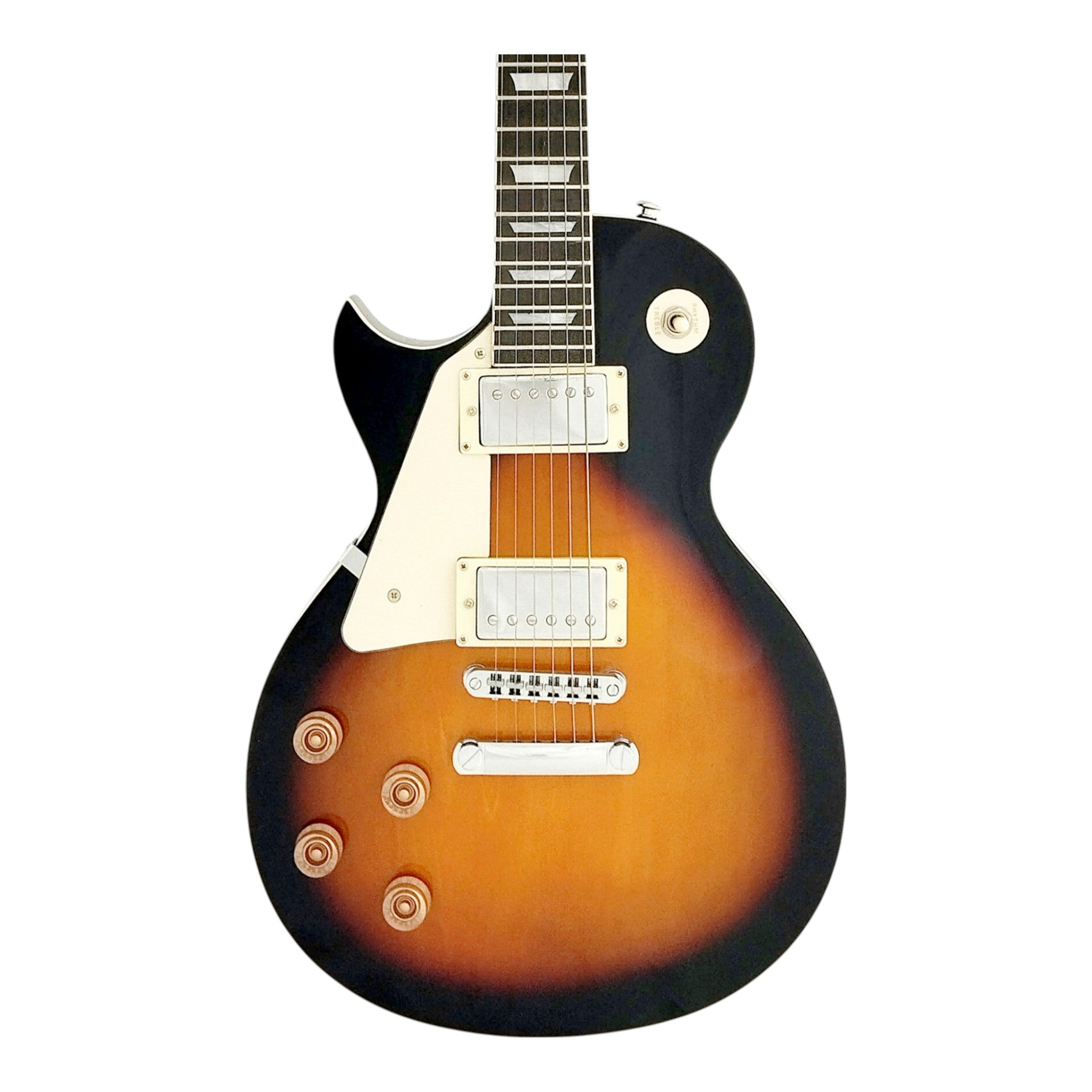 Haze SEG277 Vintageburst Left-Handed Electric Guitar with Humbuckers and Flame Maple Top + 10W Amp. (Optional)