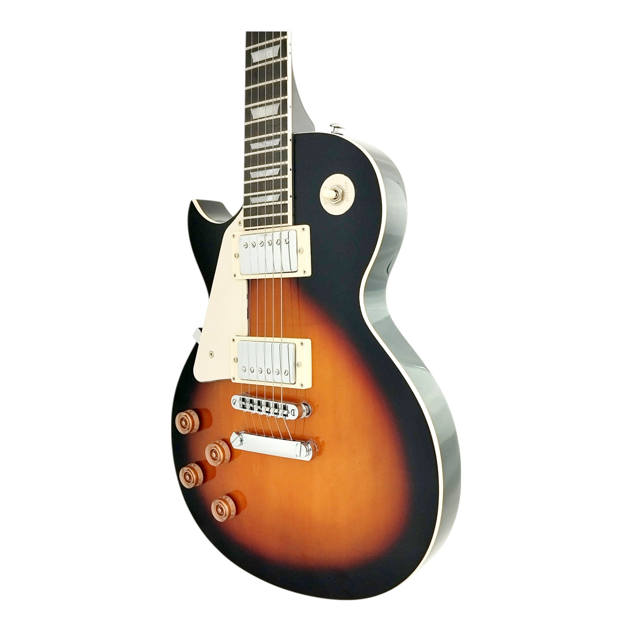 Haze SEG277 Vintageburst Left-Handed Electric Guitar with Humbuckers and Flame Maple Top + 10W Amp. (Optional)