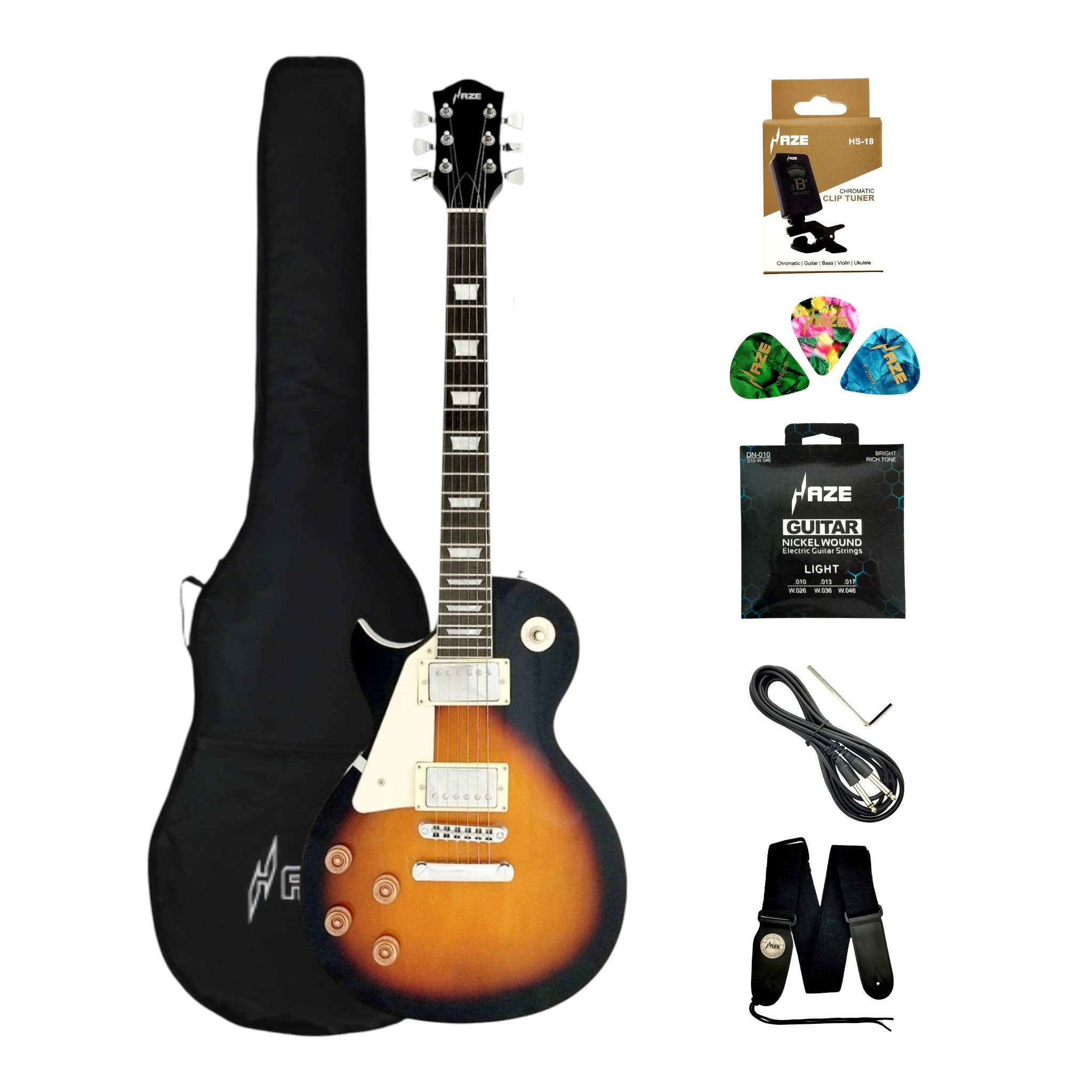 Haze SEG277 Vintageburst Left-Handed Electric Guitar with Humbuckers and Flame Maple Top + 10W Amp. (Optional)