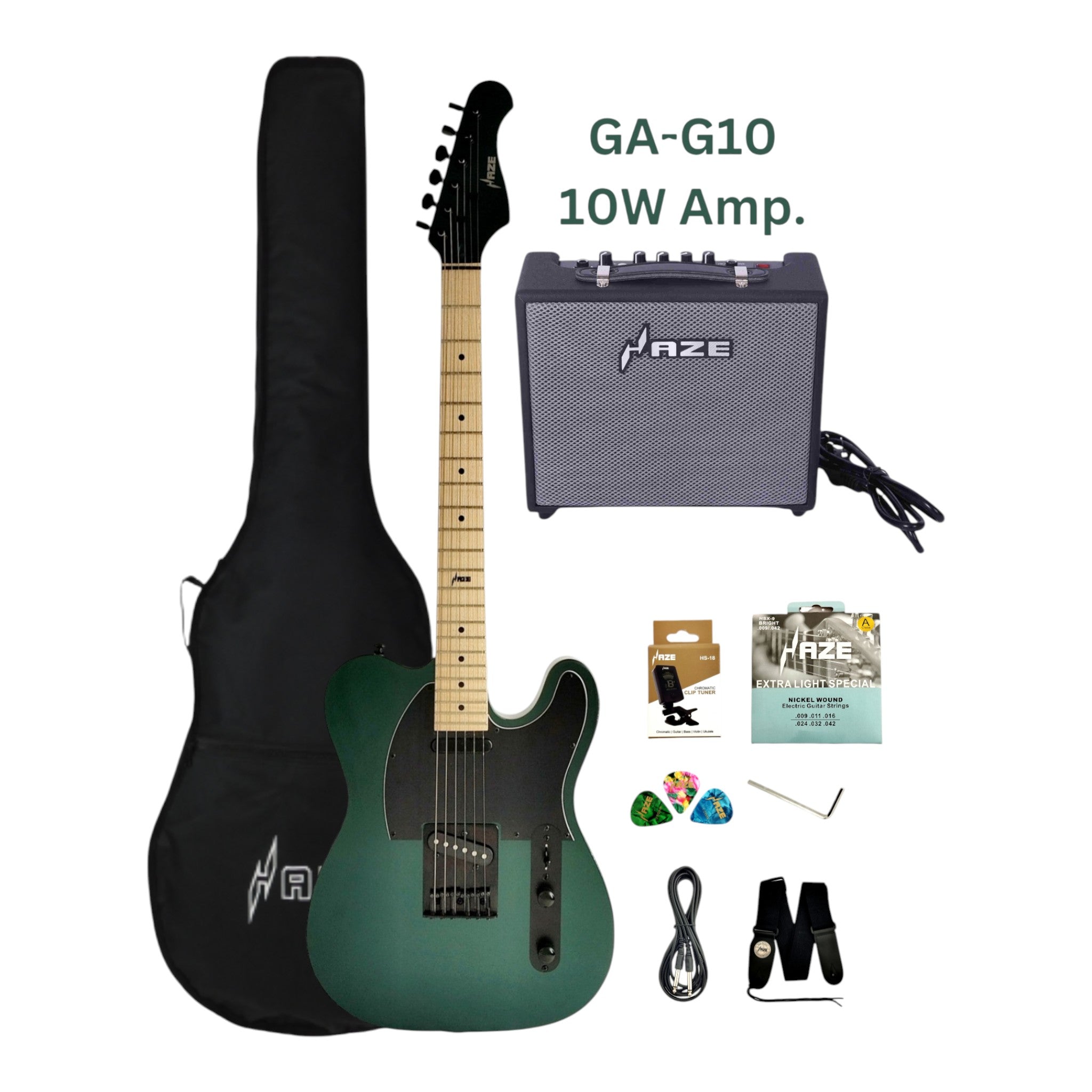 Haze SEG287 Chameleon Green/Purple Electric Guitar with Single Coils + 10W Amp. (Optional)