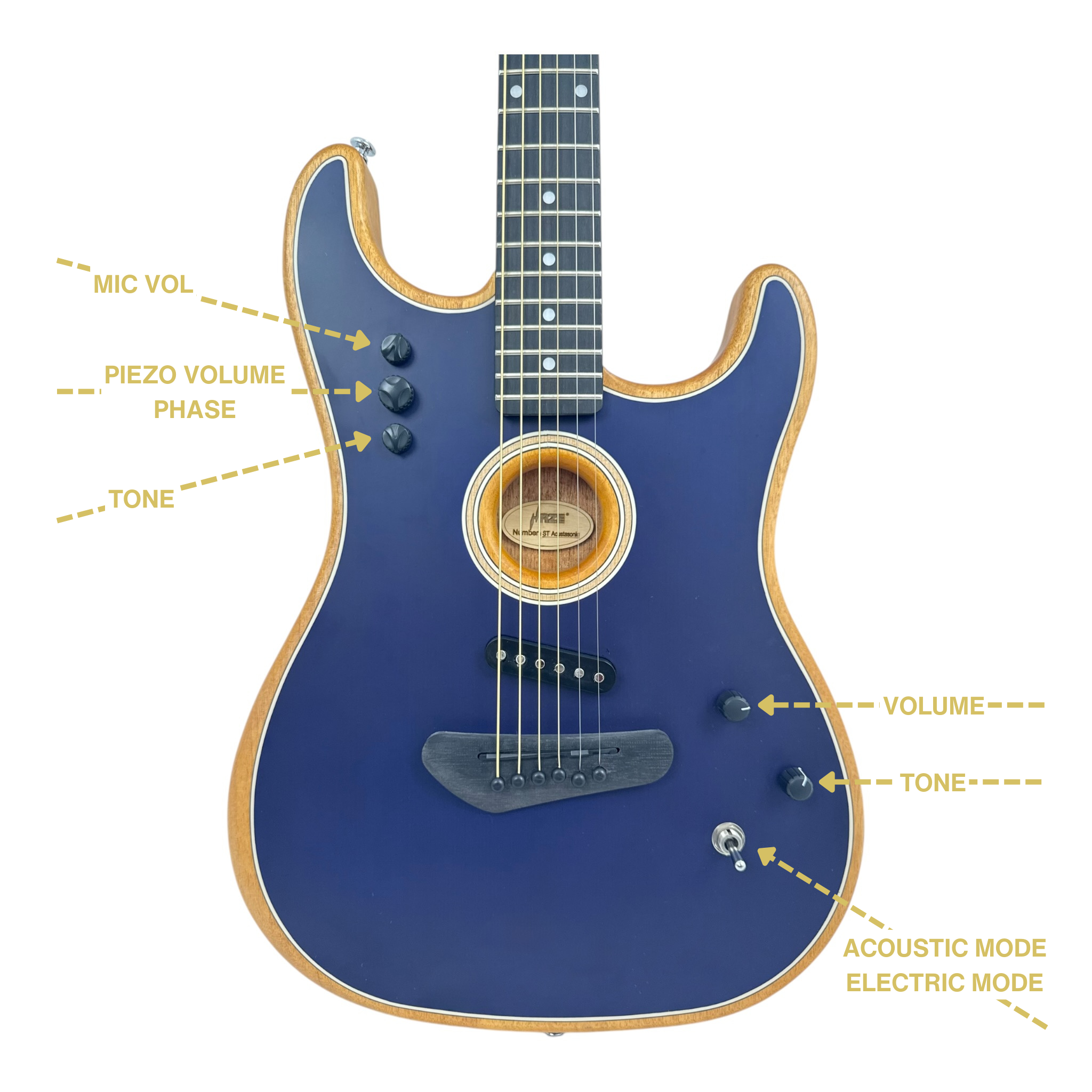 Haze STACOUSTASONIC “SonicBlend” Okoume Hollow-Body Hybrid HST Electric-Acoustic Guitar in Matte Deep Blue