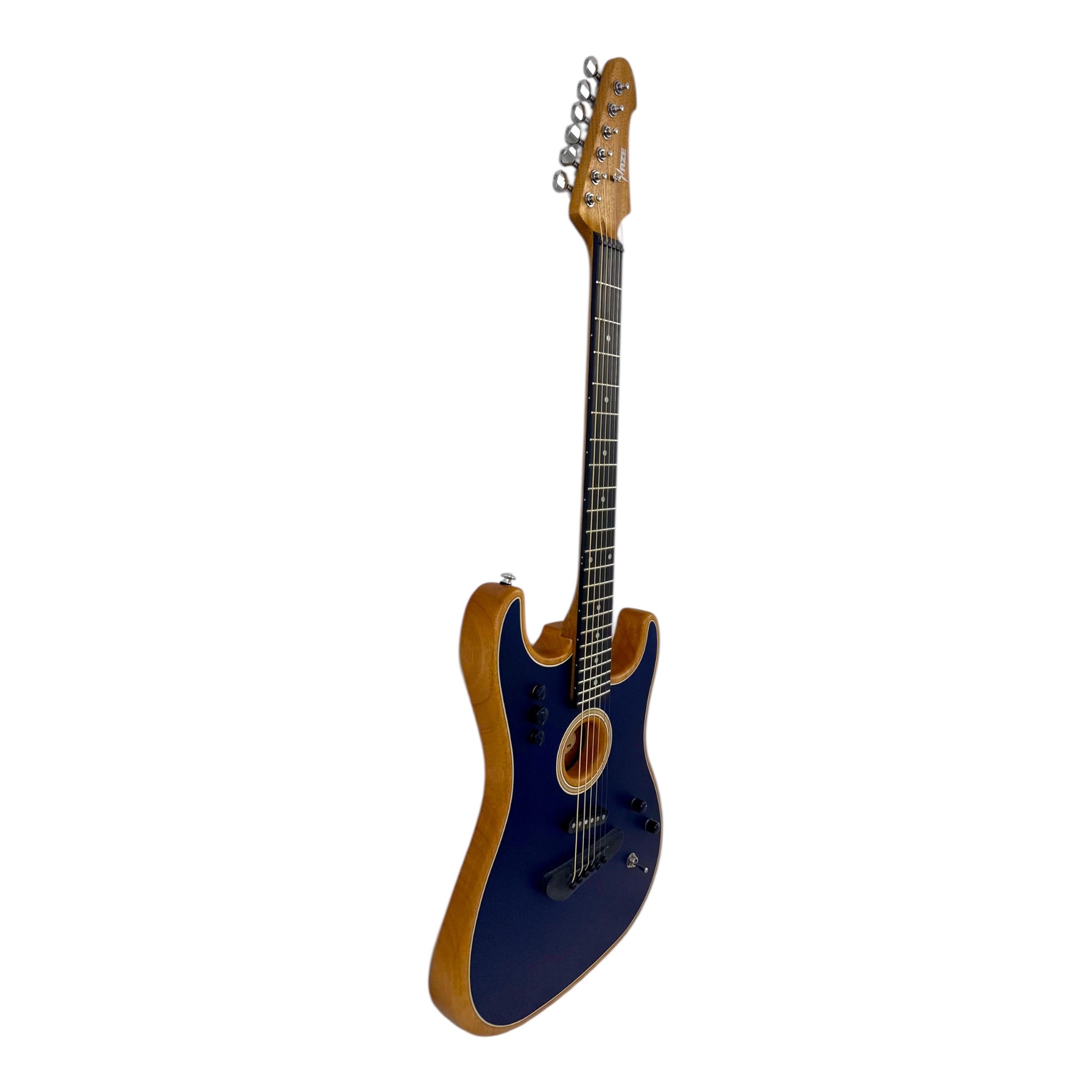 Haze STACOUSTASONIC “SonicBlend” Okoume Hollow-Body Hybrid HST Electric-Acoustic Guitar in Matte Deep Blue