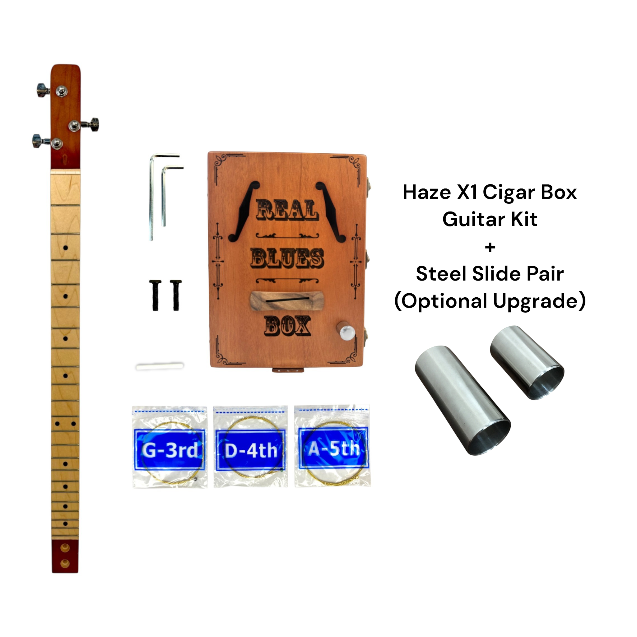 Haze "Blues" Mahogany Body 3-String Cigar Box Guitar Complete DIY Kit - Passive Piezo Pickup - X1 (Optional Slide Available)