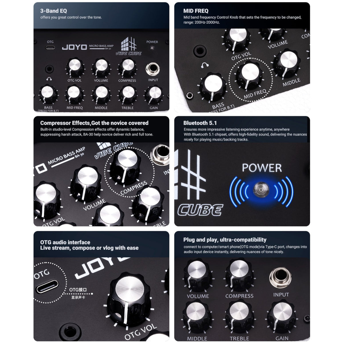 (PREORDER : EST LATE SEPT 2026) Joyo BA30 "Vibe Cube" Lightweight Rechargable 30W Multifunctional Micro Bass Amplifier w/ Bluetooth & OTG