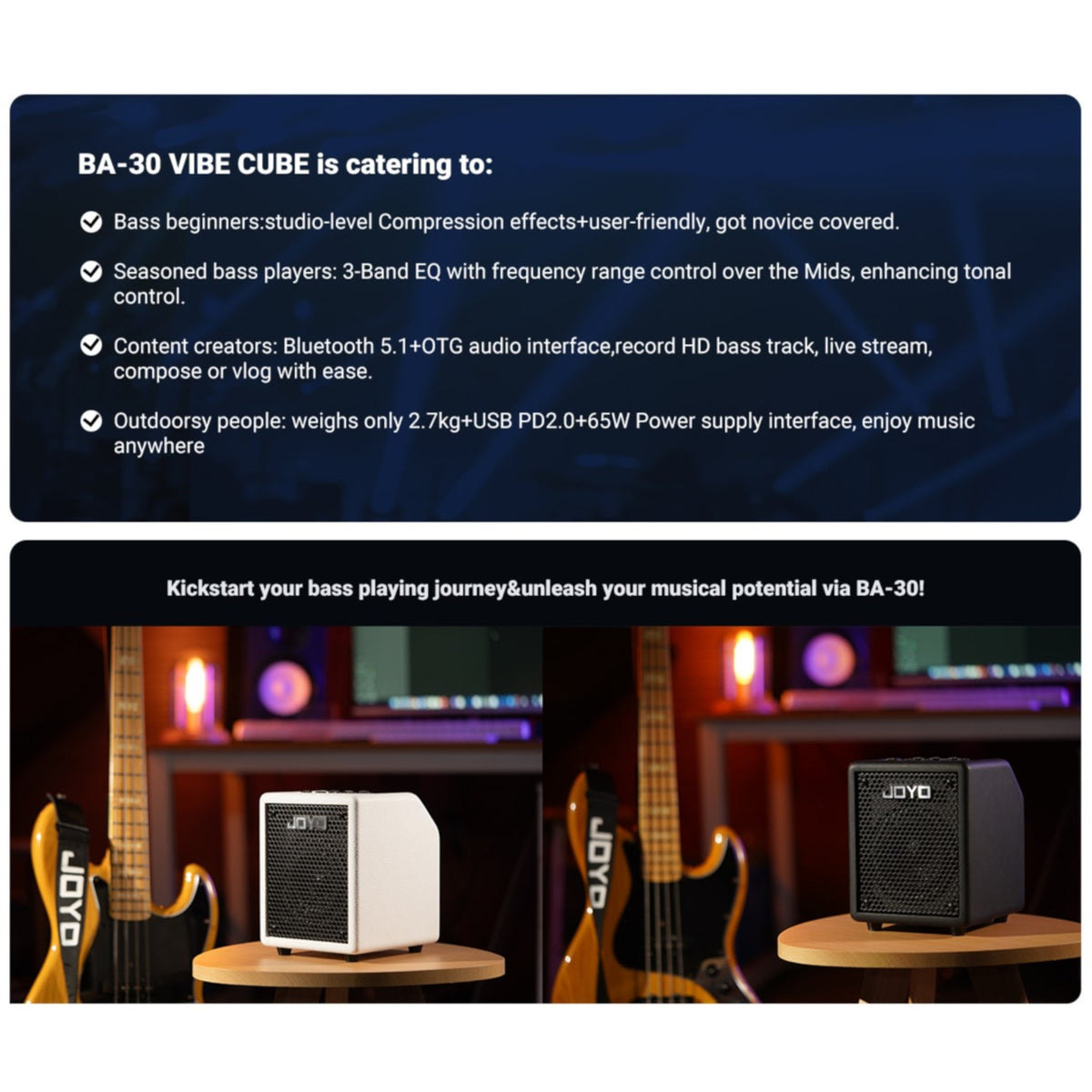 (PREORDER : EST LATE SEPT 2026) Joyo BA30 "Vibe Cube" Lightweight Rechargable 30W Multifunctional Micro Bass Amplifier w/ Bluetooth & OTG