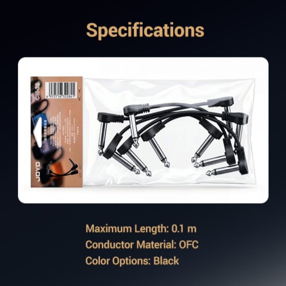 (PREORDER : EST. LATE SEPT 2026) Joyo CM29 Flat Profile OFC Pedal Patch Cable in Black - 5 Pack