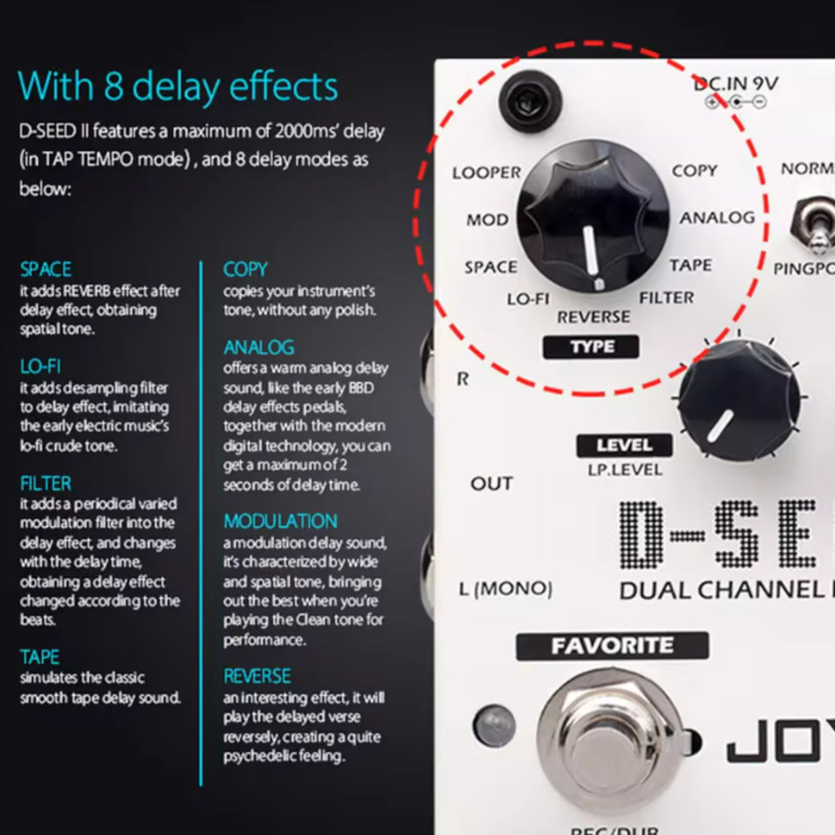 (PREORDER : EST LATE SEPT 2026) Joyo DSEEDII Dual Channel Digital Delay Effect Guitar Pedal w/ Built-In Looper