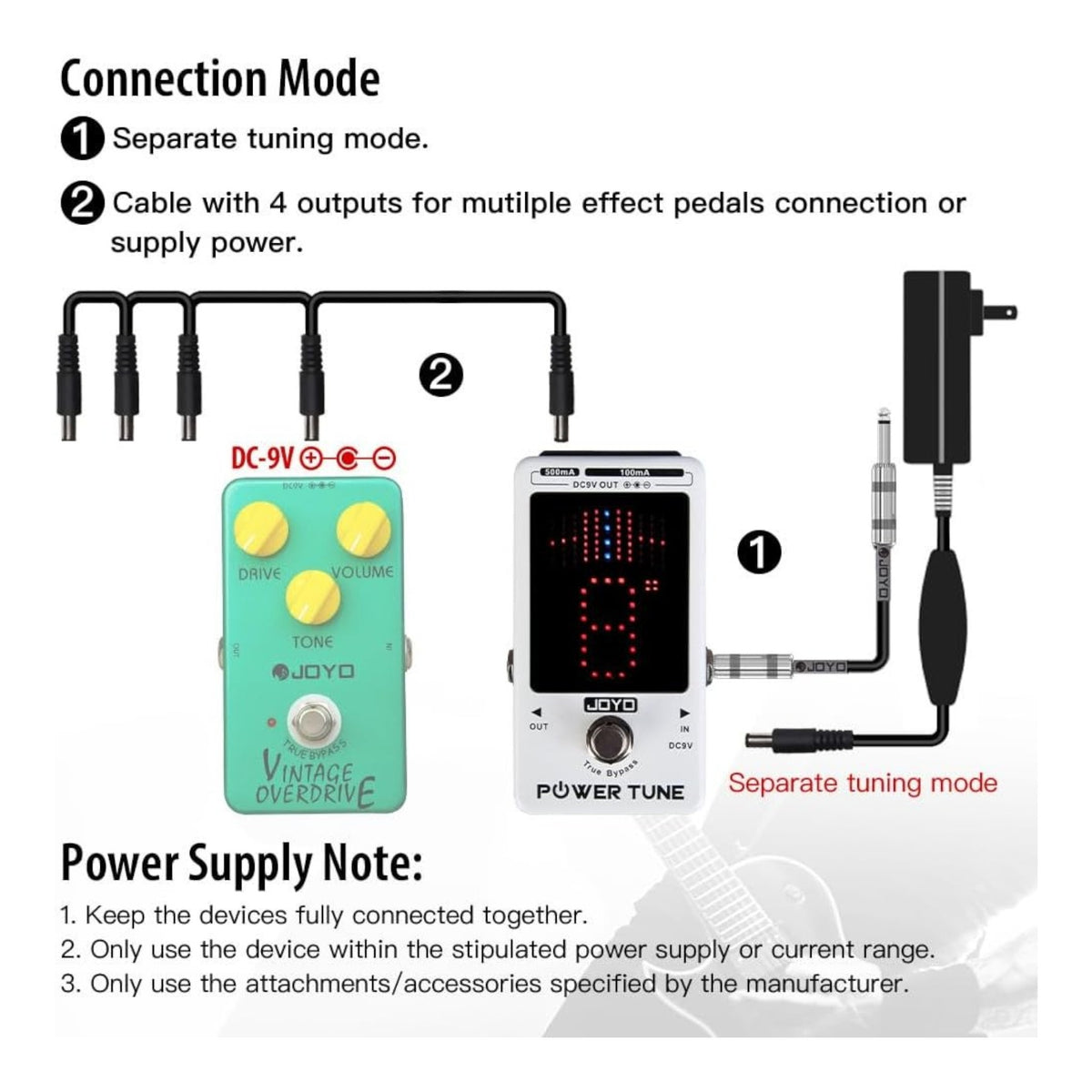 Joyo JF18R "Power Tune" Low-Noise Isolated DC 9V Power Supply & Chromatic Tuner Pedal