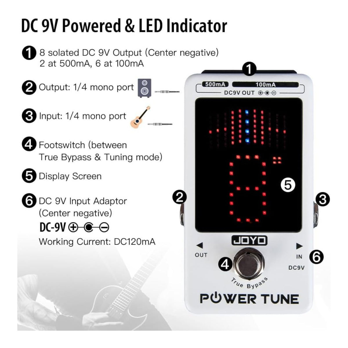 Joyo JF18R "Power Tune" Low-Noise Isolated DC 9V Power Supply & Chromatic Tuner Pedal