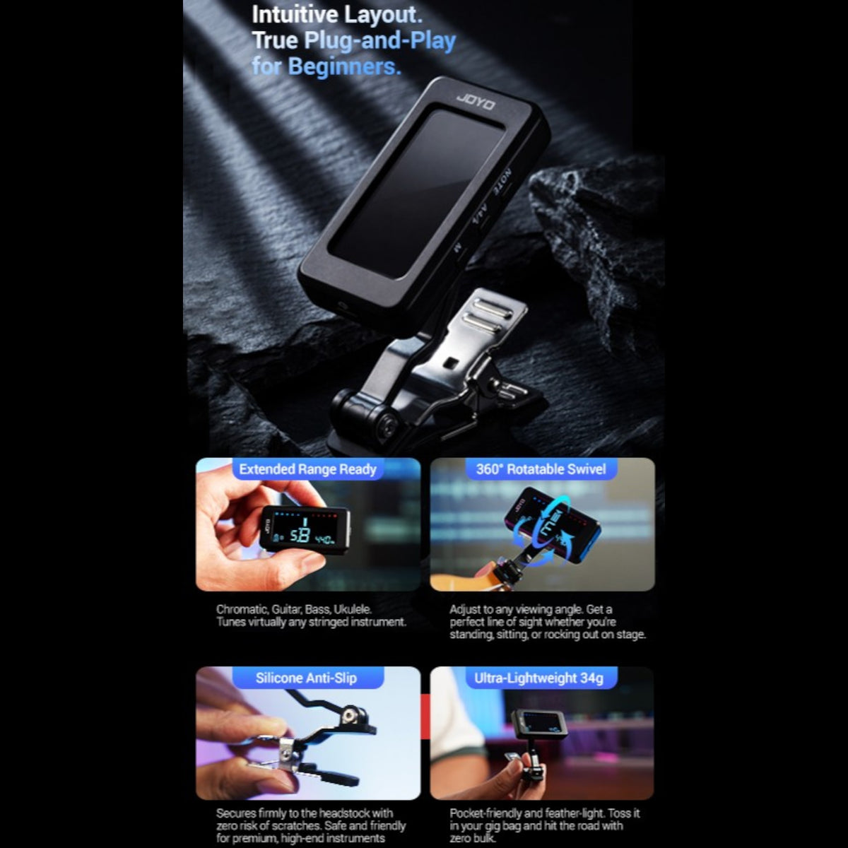 (PREORDER : EST. LATE SEPT 2026) Joyo JT480 Rechargable Professional Clip-On Extended Range Chromatic Tuner w/ Full-Colour LCD Display