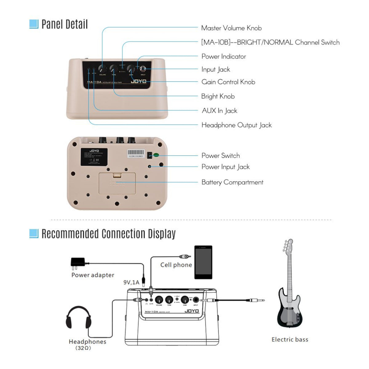(PREORDER : EST. LATE SEPT 2026) Joyo MA10B Portable Dual-Channel 10W Mini Electric Bass Amplifier w/ 5" Full-Range Speaker