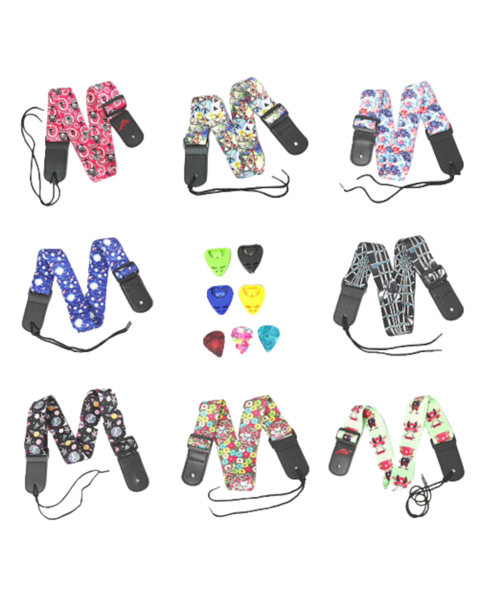 Ukulele Shoulder Strap, Multi-Pattern, Length Adjustable+3 Picks & 1 Pick-Holder, UKSTRP02
