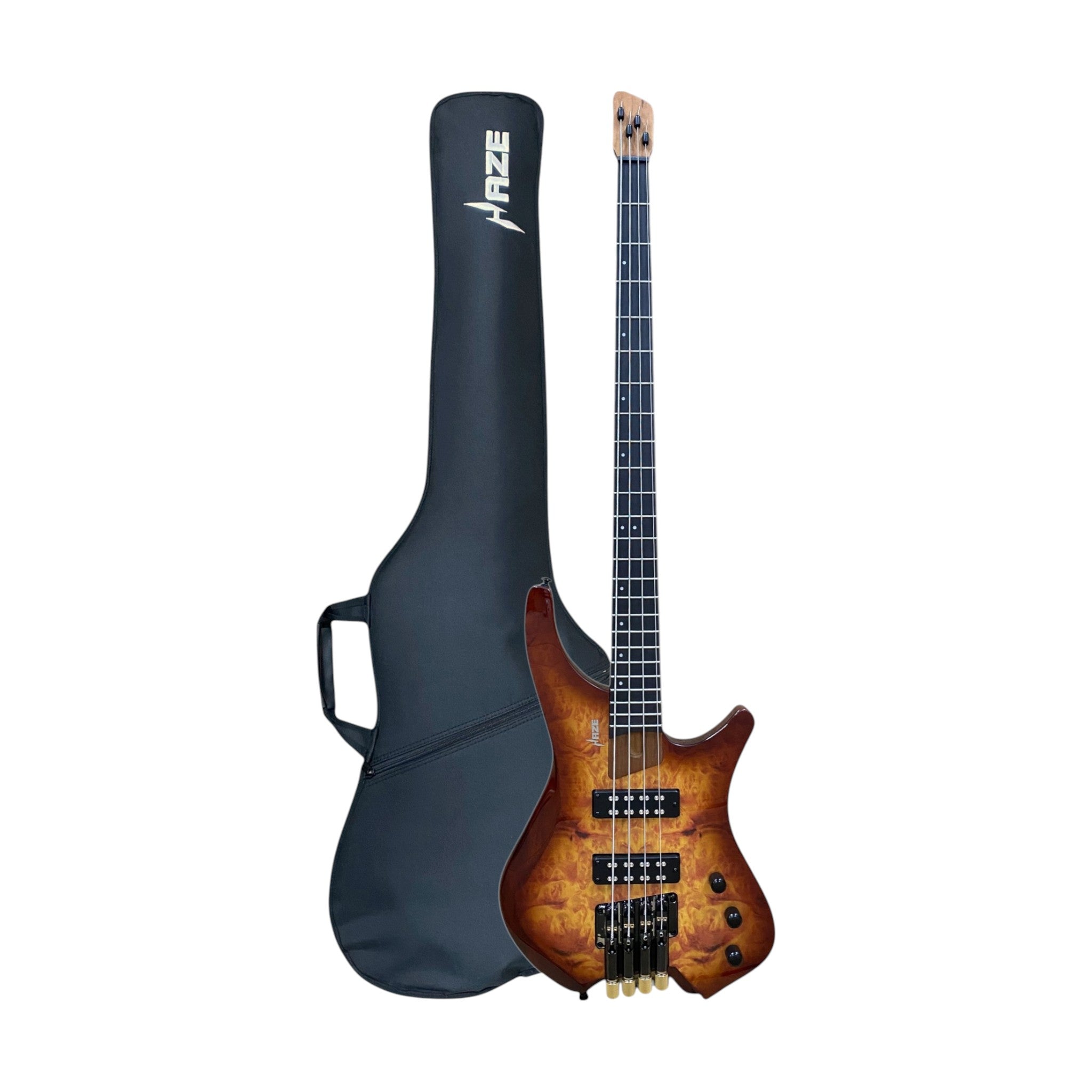 Haze B4H Timberline Series Headless Electric Bass – Roasted Maple Neck, Natural Brown Veneer, & Passive BJ-80 Pickups