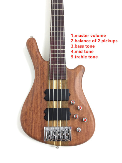 Haze 5-String Active Humbucker Padauk Wood WR Electric Bass Guitar - Natural SBG368N