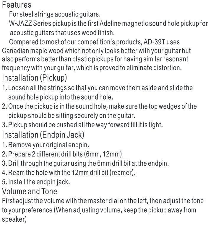 Adeline AD39T Passive Soundhole Folk Guitar Pickup, Volume & Tone Adjustable