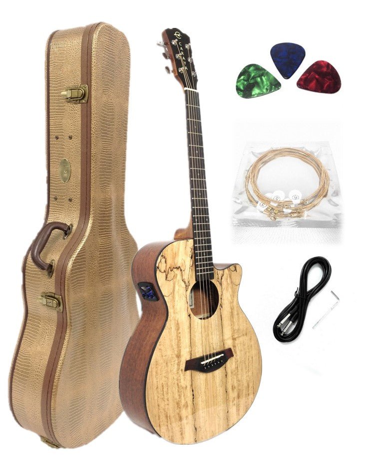 Caraya Spalted Spruce Built-In Pickups/Tuner OM Cutaway Acoustic Guitar - Natural HSGYPSYCEQGC