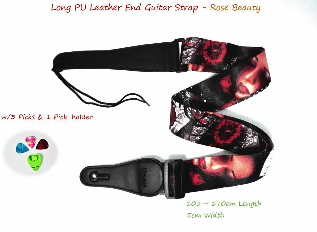 Long PU Leather End Guitar Strap, Length Adjustable 103~170cm, "Rose Beauty", GSROSE