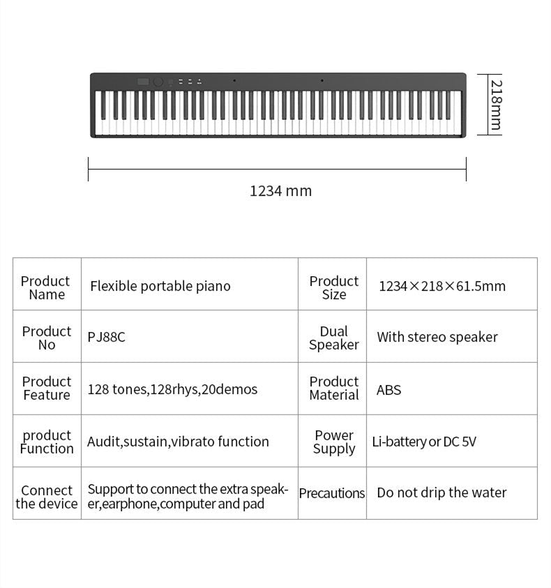 Portable 88 Keys Foldable/ Rechargeable Digital Piano Electronic Keyboard PJ88C