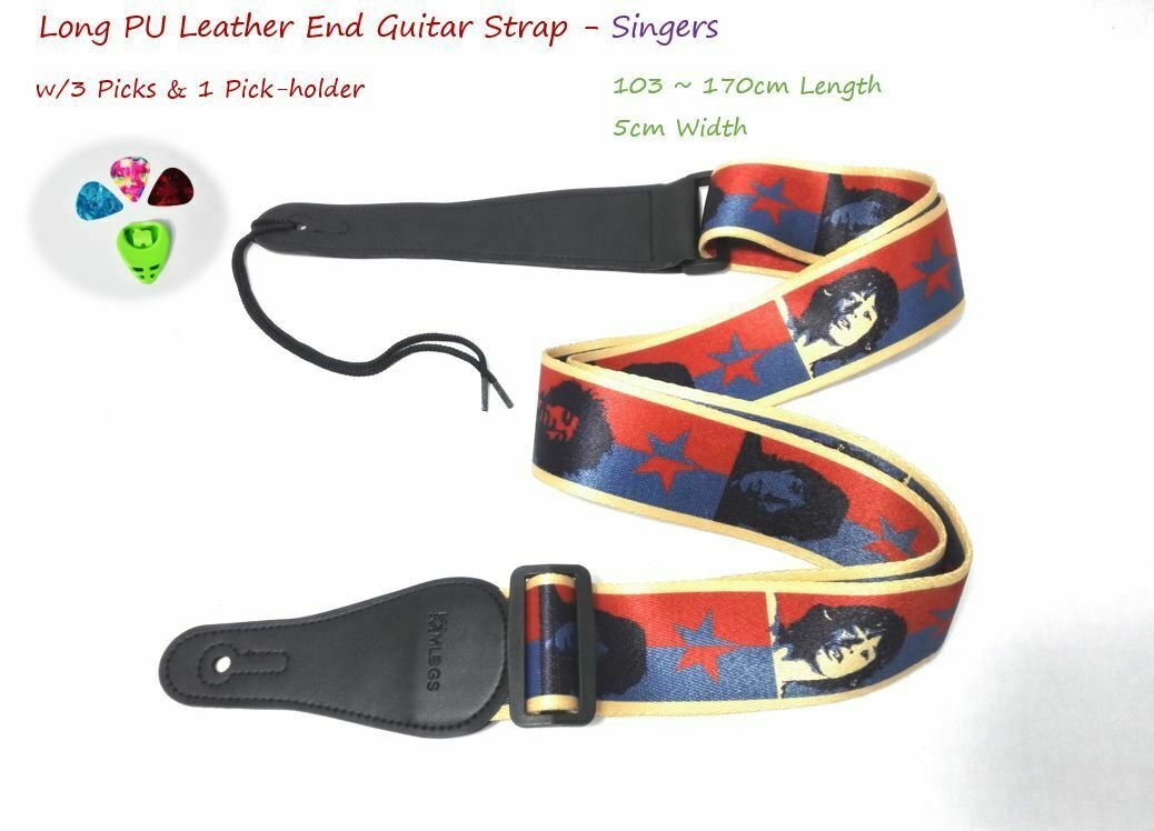 Long PU Leather End Guitar Strap, Length Adjustable 103~170cm, "Singers"