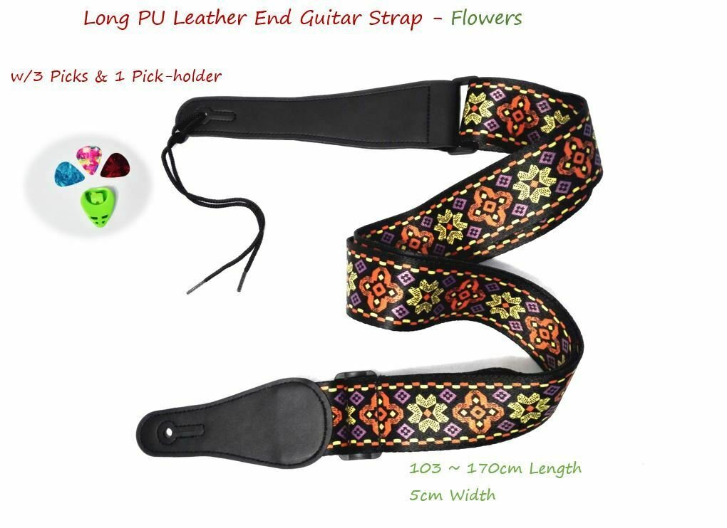 Long PU Leather End Guitar Strap,Length Adjustable 103~170cm. "Flowers"