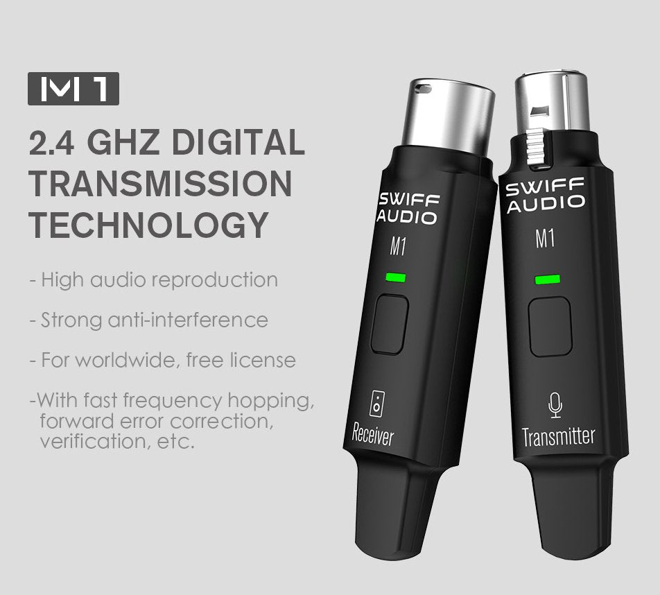 Swiff Audio M1 2.4GHz Microphone Wireless System,R1+T1,Rechargeable-Gloss Black