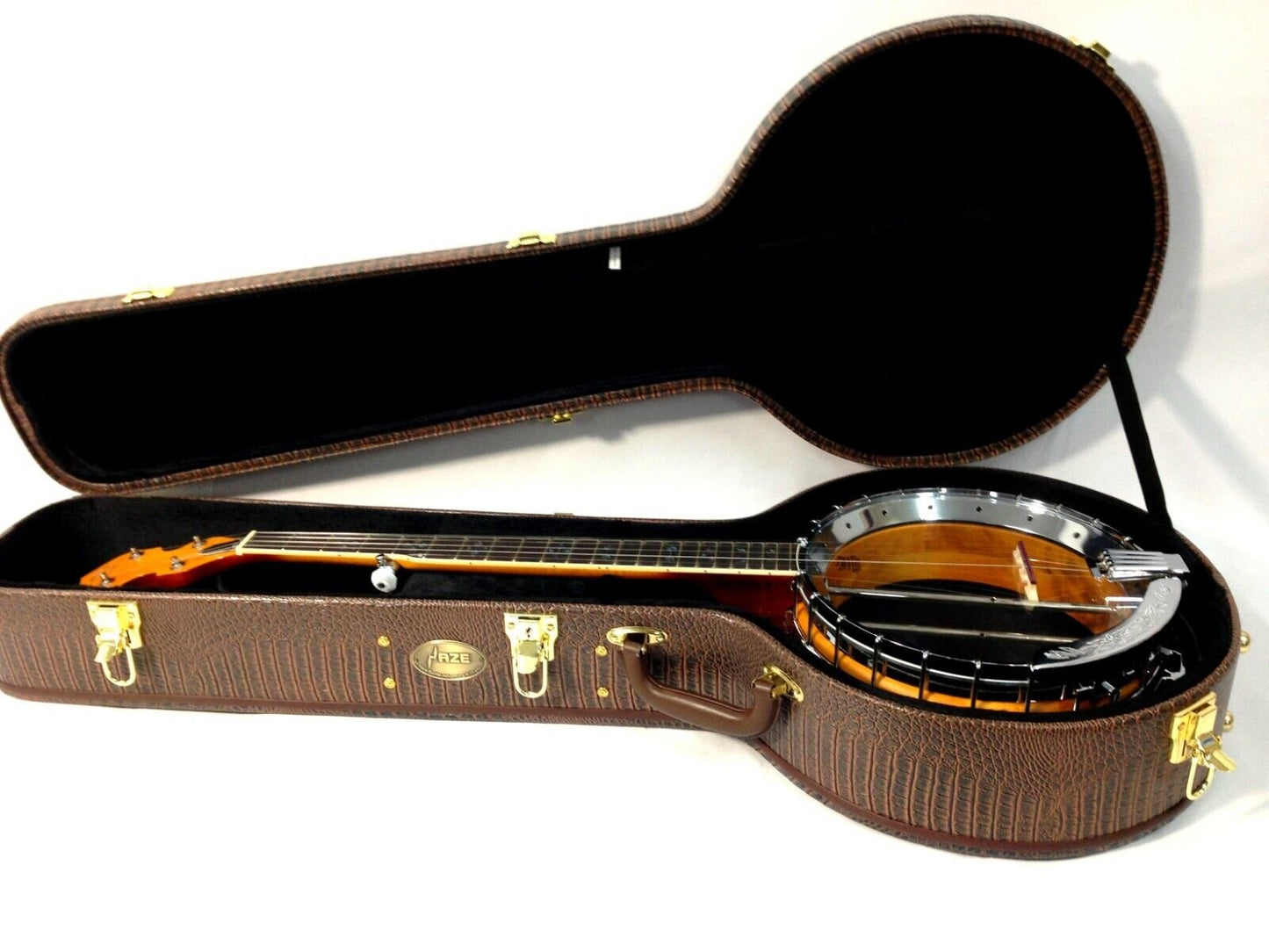 Haze HDEL19BANJC Premium Flat-Top Banjo Hard Case, Lockable w/Key, Brown Crocodile Skin