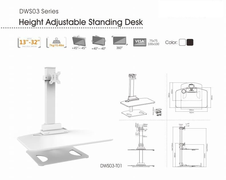 Height Adjustable Stand Desk with Single Display Mount or Clamp DWS03-T01WH