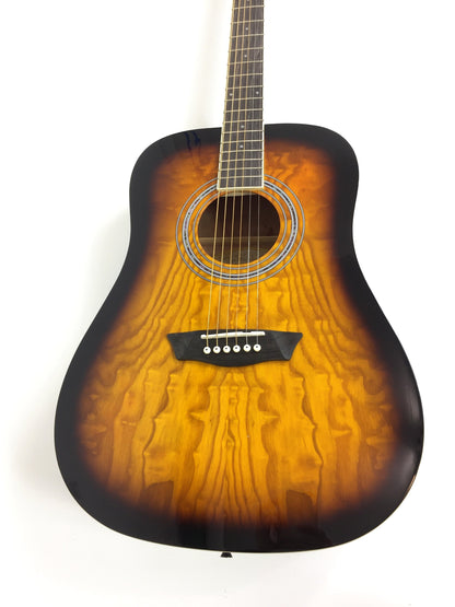 Washburn W2021 Dreadnought Solid Quilted Ash Top Acoustic Guitar Sunburst, Free Digital tuner, Strap and Picks