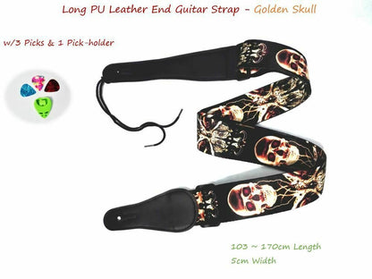 Long PU Leather End Guitar Strap, Length Adjustable 103~170cm, "Golden Skull"