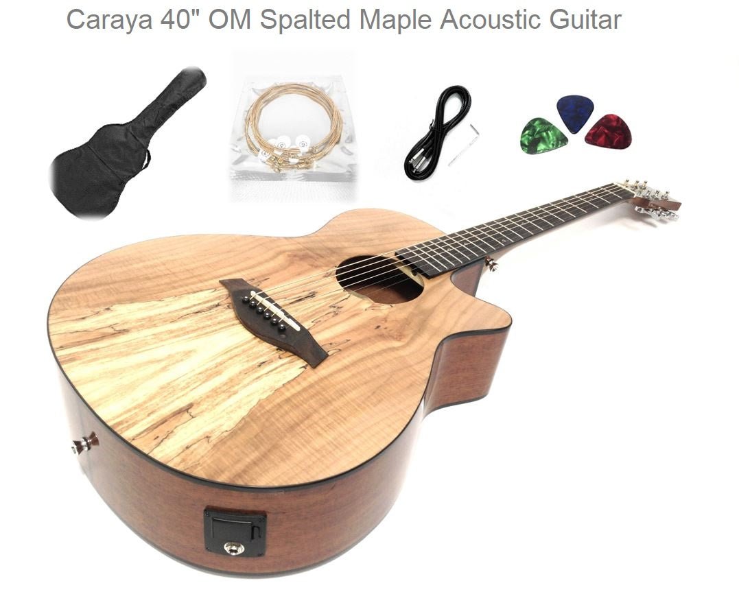 Caraya Spalted Spruce Built-In Pickups/Tuner OM Cutaway Acoustic Guitar - Natural HSGYPSYCEQGC